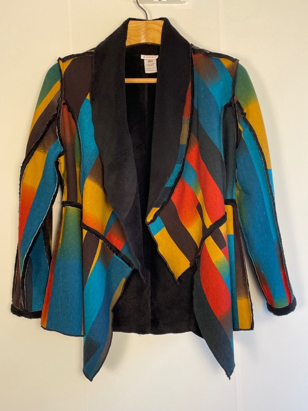 ADORE Patchwork Jacket Coat Open Front Fleece Collar Multicolor XL Boho Artsy
